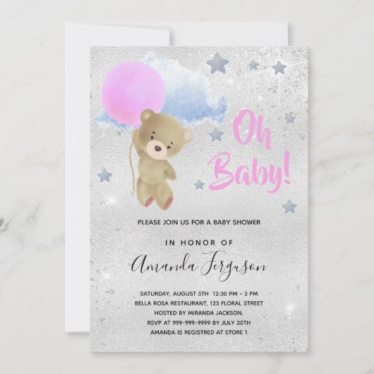 Baby shower roze teddybeer kaart (Voorkant)