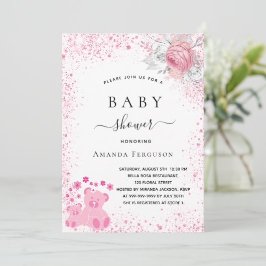 Baby shower roze teddybeer meisje floral glitter kaart (Staand voorkant)