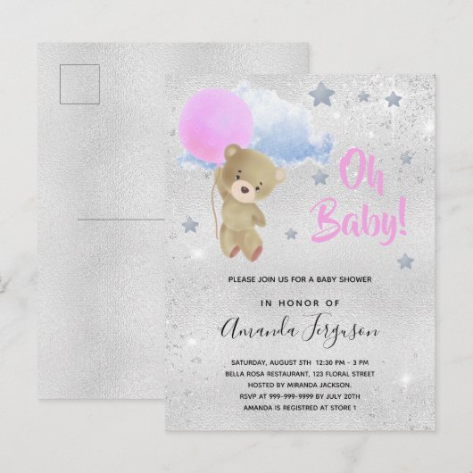 Baby shower roze teddybeer uitnodiging briefkaart (Voorkant / Achterkant)