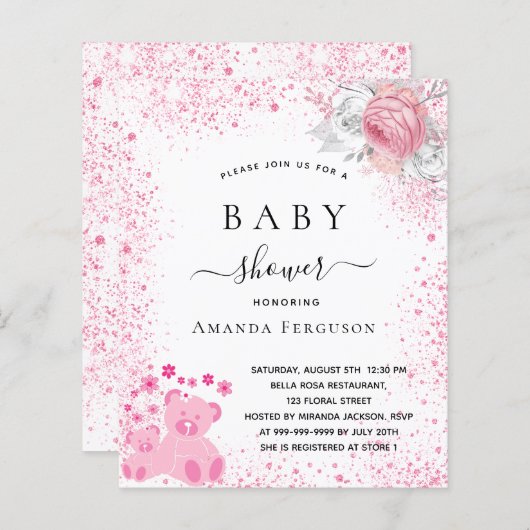 Baby shower roze teddymeisje florale uitnodiging (Voorkant / Achterkant)