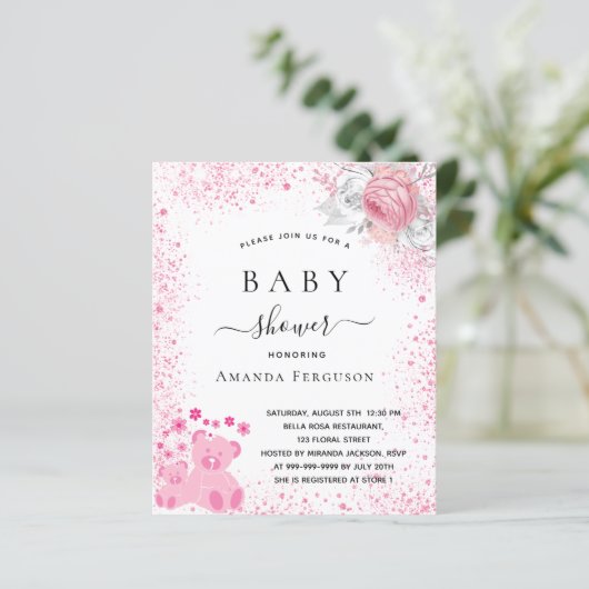 Baby shower roze teddymeisje florale uitnodiging (Staand voorkant)