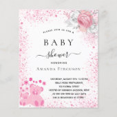 Baby shower roze teddymeisje florale uitnodiging (Voorkant)