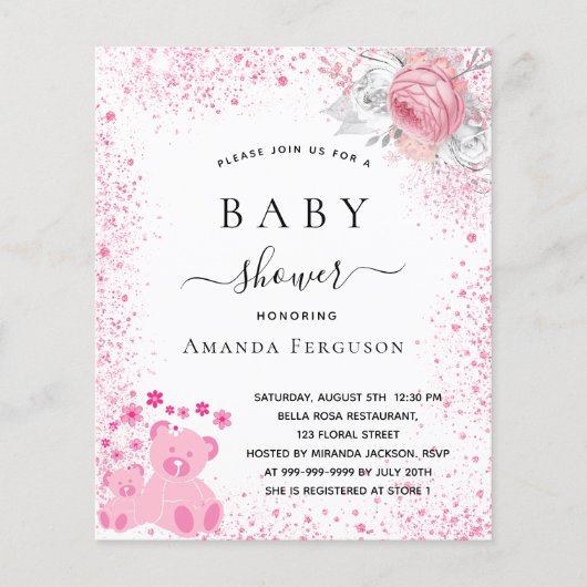 Baby shower roze teddymeisje florale uitnodiging (Voorkant)