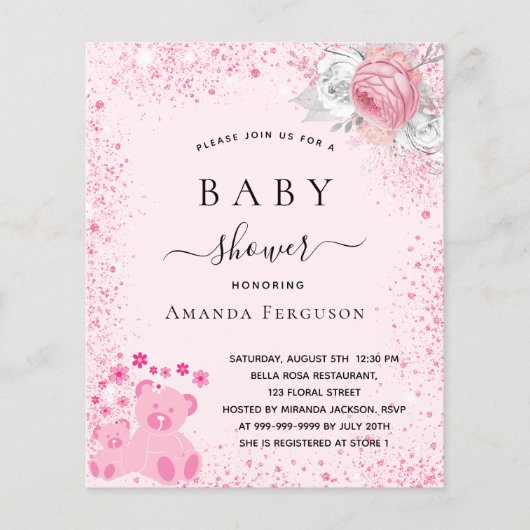 Baby shower roze tedy beer meisje florale uitnodig (Voorkant)