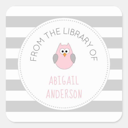 Baby shower roze uil BOEK sticker, bookplate Vierkante Sticker (Voorkant)