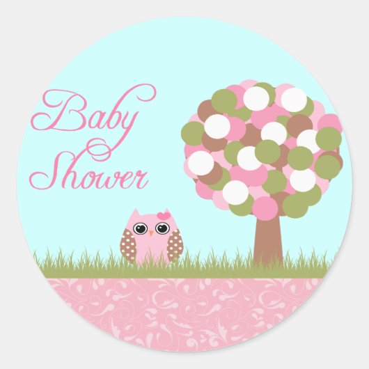 Baby shower roze uil en boomstickers ronde sticker (Voorkant)