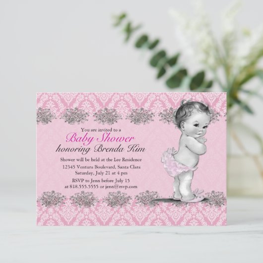  Baby shower Roze uitnodiging (Staand voorkant)