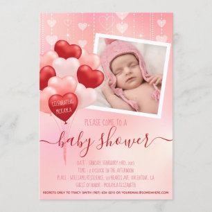 Baby shower Roze Valentijn Harten ballonnen Foto Kaart