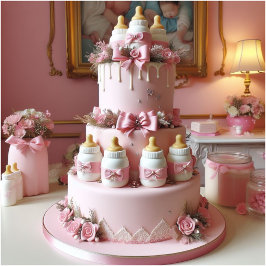 Baby Shower Roze Versierde Cake met Babyflessen Kaart