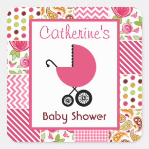 baby shower Roze Vervoer & MeisjesPatchwork Vierkante Sticker
