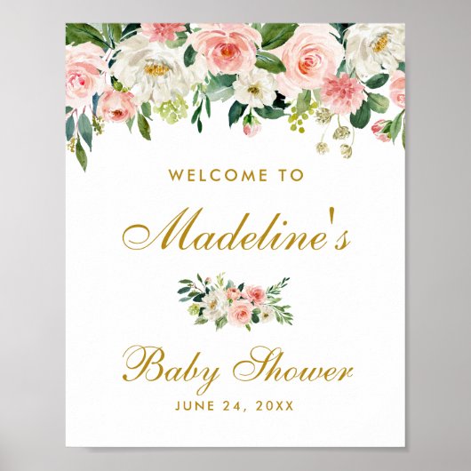 Baby shower Roze vette Floral Gold Welkom Poster (Voorkant)
