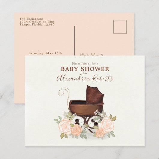 Baby shower Roze Waterverf Elegant Floral Buggy Briefkaart (Voorkant / Achterkant)