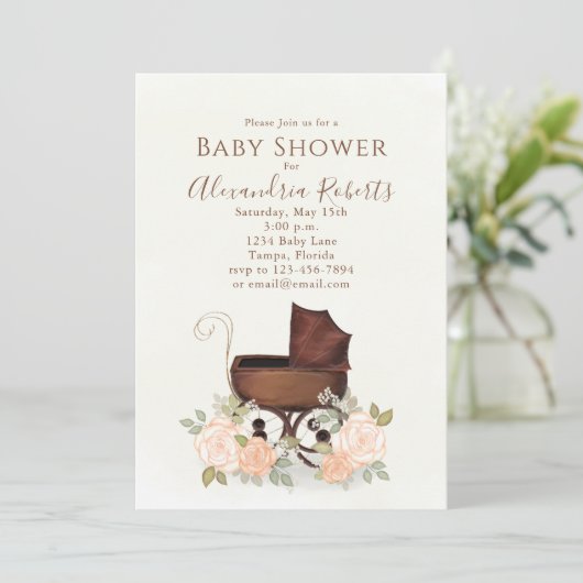 Baby shower Roze Waterverf Elegant Floral Buggy Kaart (Staand voorkant)