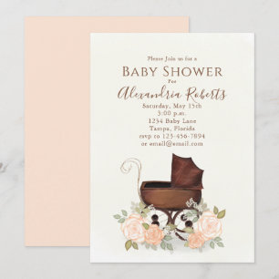 Baby shower Roze Waterverf Elegant Floral Buggy Kaart