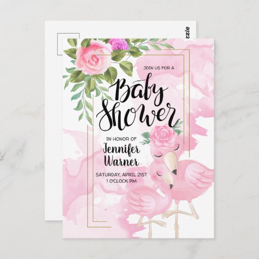 Baby Shower | Roze Waterverf Flamingo Invitation Briefkaart (Voorkant / Achterkant)