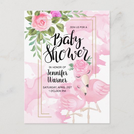 Baby Shower | Roze Waterverf Flamingo Invitation Briefkaart (Voorkant)