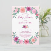 Baby shower Roze Waterverf Floral Kaart (Staand voorkant)