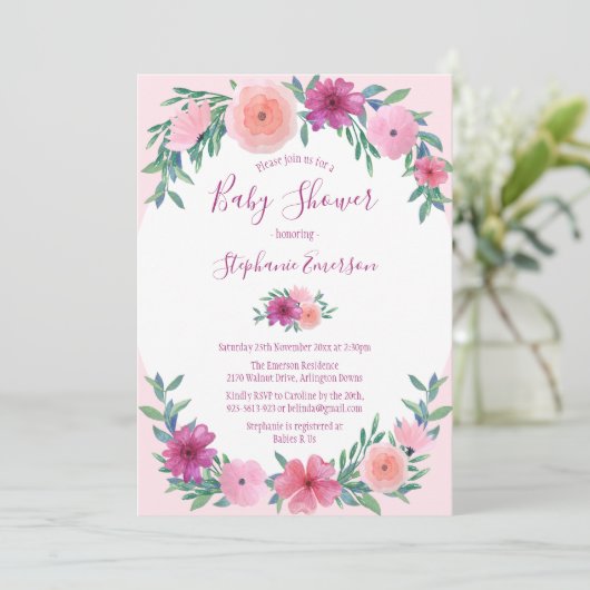 Baby shower Roze Waterverf Floral Kaart (Staand voorkant)