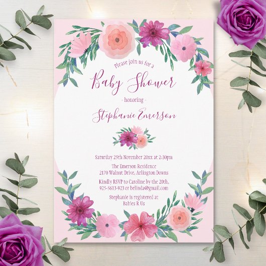 Baby shower Roze Waterverf Floral Kaart