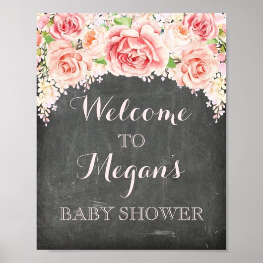 Baby shower Roze Waterverf Flowers Chalkboard Poster (Voorkant)