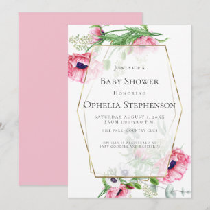 BABY SHOWER Roze Waterverf papaver Kaart