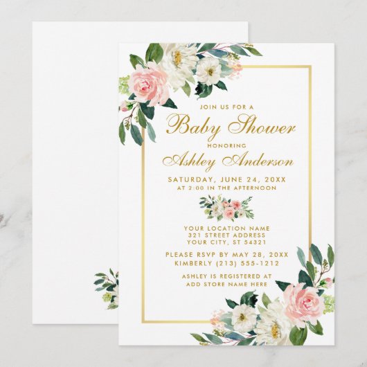 Baby shower Roze White Gold Floral Kaart (Voorkant / Achterkant)