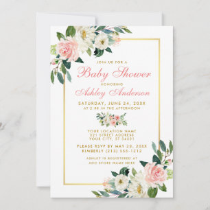 Baby shower Roze White Gold Floral Kaart