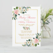 Baby shower Roze White Gold Floral Uitnodiging GP (Staand voorkant)