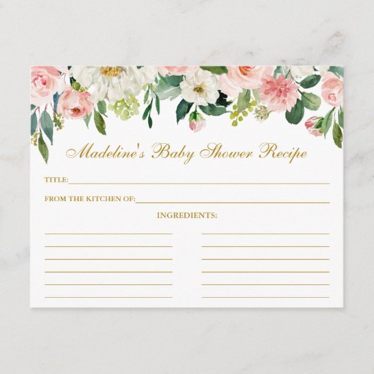 Baby shower Roze witte flora Recipe Kaart Gold (Voorkant)