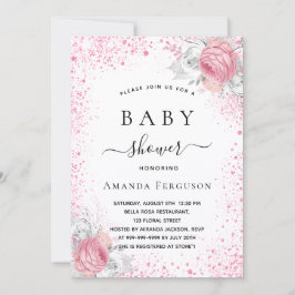 Baby shower roze witte glitter floraal kaart