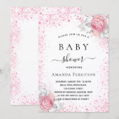 Baby shower roze witte glitter floraal kaart (Voorkant / Achterkant)