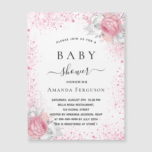 Baby shower roze witte glitter uitnodiging (Voorkant)