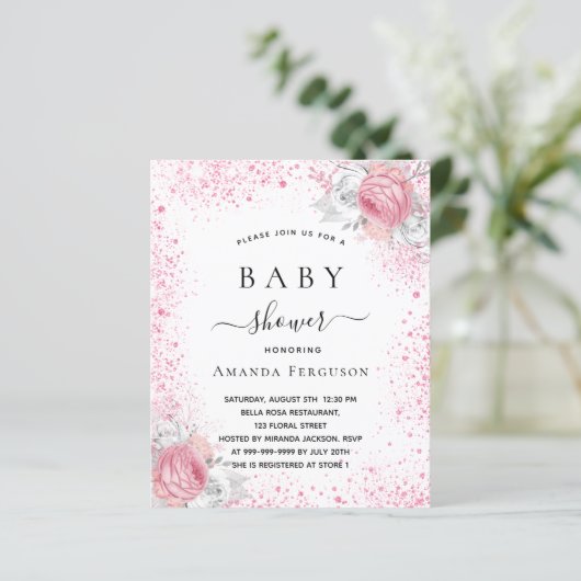 Baby shower roze witte glitter uitnodiging (Staand voorkant)