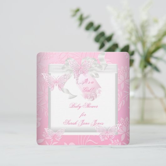 Baby shower Roze witte vlinder Kaart (Staand voorkant)