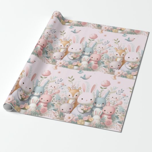 Baby shower Roze Woodland Animals Wrapping Paper Cadeaupapier (Uitgerold)