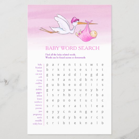 Baby shower roze woord zoeken baby match spel flyer (Voorkant)