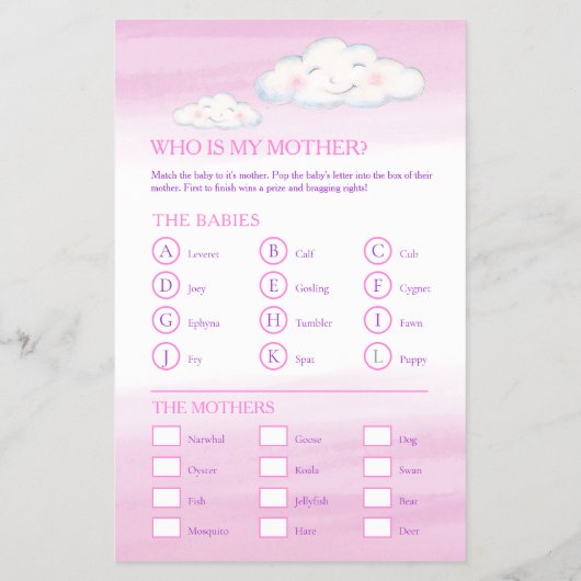 Baby shower roze woord zoeken baby match spel flyer (Achterkant)