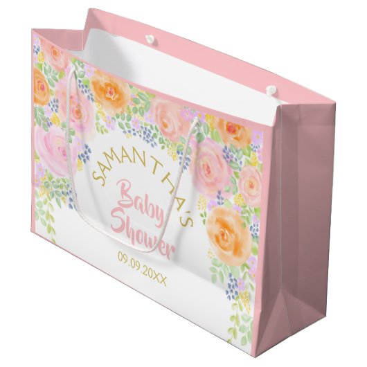 Baby shower Rozen Waterverf Floral Fancy Groot Cadeauzakje (Voorkant Gekanteld)