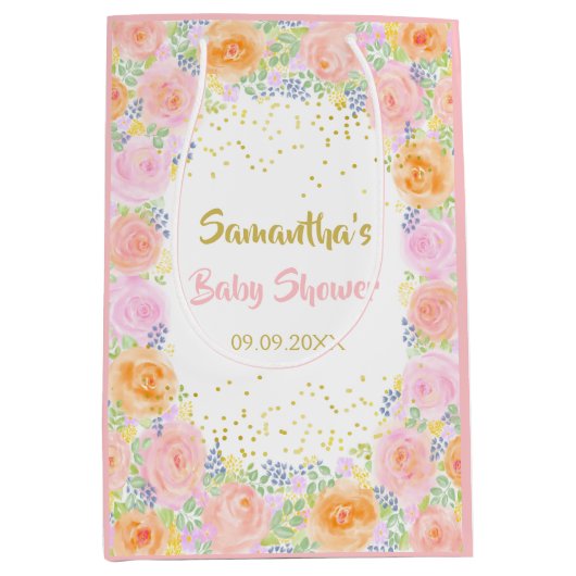 Baby shower Rozen Waterverf Floral Fancy Medium Cadeauzakje (Voorkant)