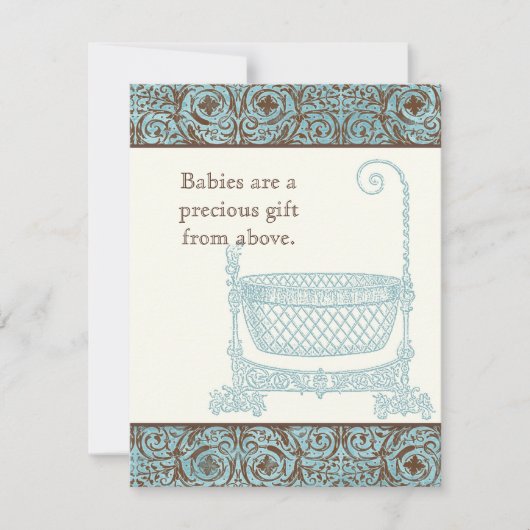 Baby shower RSVP - Blauw Bruin Damask Cradle (Voorkant)