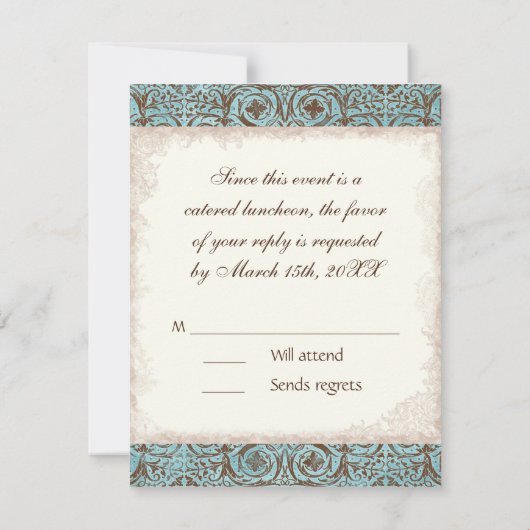 Baby shower RSVP - Blauw Bruin Damask Cradle (Achterkant)