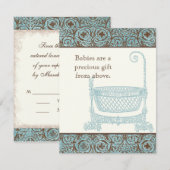 Baby shower RSVP - Blauw Bruin Damask Cradle (Voorkant / Achterkant)