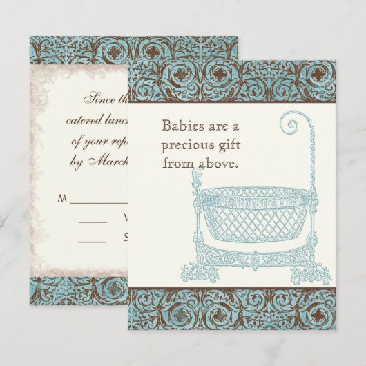 Baby shower RSVP - Blauw Bruin Damask Cradle (Voorkant / Achterkant)