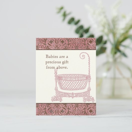 Baby shower RSVP - Roze Bruin Damask Cradle (Staand voorkant)