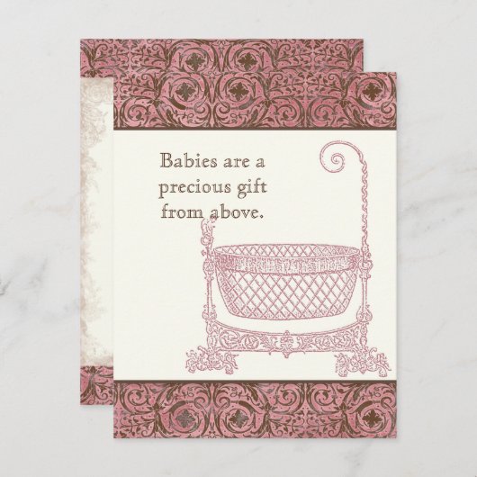 Baby shower RSVP - Roze Bruin Damask Cradle (Voorkant / Achterkant)