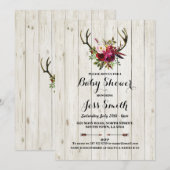 baby shower Rustic Antler Floral Wood Party Invite Kaart (Voorkant / Achterkant)