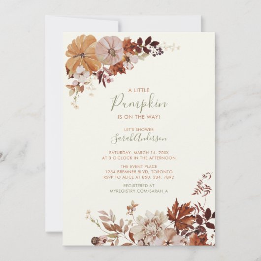 Baby shower "Rustic Autumn Floral Pumpkin Sage" Kaart (Voorkant)