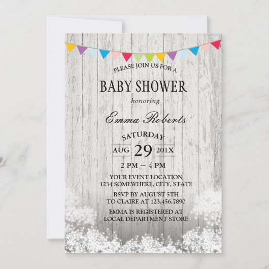 Baby shower Rustic Baby's Breath White Wood Kaart (Voorkant)