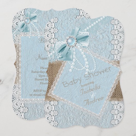 Baby Shower Rustic Blauwe Strik Parel Kant Jute Kaart (Voorkant / Achterkant)
