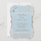 Baby Shower Rustic Blauwe Strik Parel Kant Jute Kaart (Achterkant)